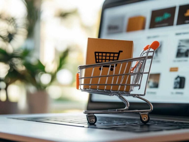 imagen de un carrito con una caja sobre un ordenador que refleja un ecommerce