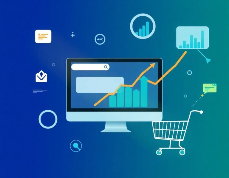 Composición digital moderna sobre publicidad online con gráficos de crecimiento, ecommerce y conexiones digitales en colores vibrantes