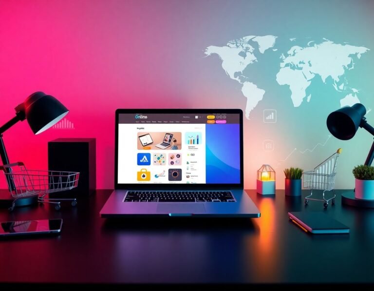 Configuración moderna de escritorio con un portátil mostrando una interfaz de ecommerce rodeado de herramientas de negocio online en un fondo minimalista y profesional