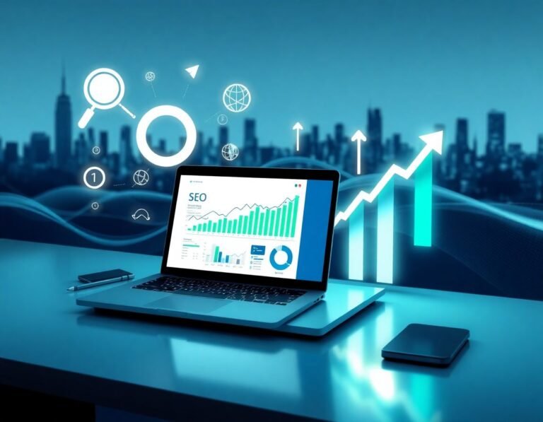 Espacio de trabajo digital moderno con laptop mostrando gráficos de SEO y elementos que simbolizan crecimiento y visibilidad en un fondo de ciudad abstracto