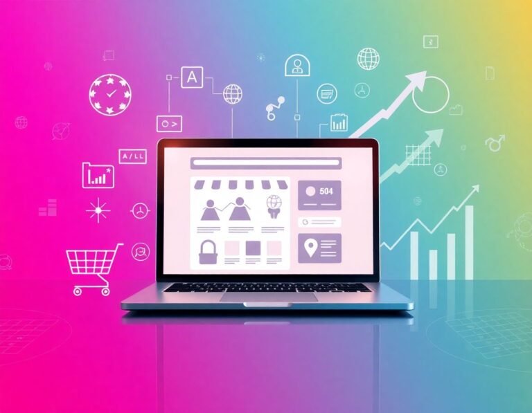 Laptop con interfaz de tienda online rodeada de iconos de alcance global, pagos seguros y herramientas de marketing en un fondo vibrante