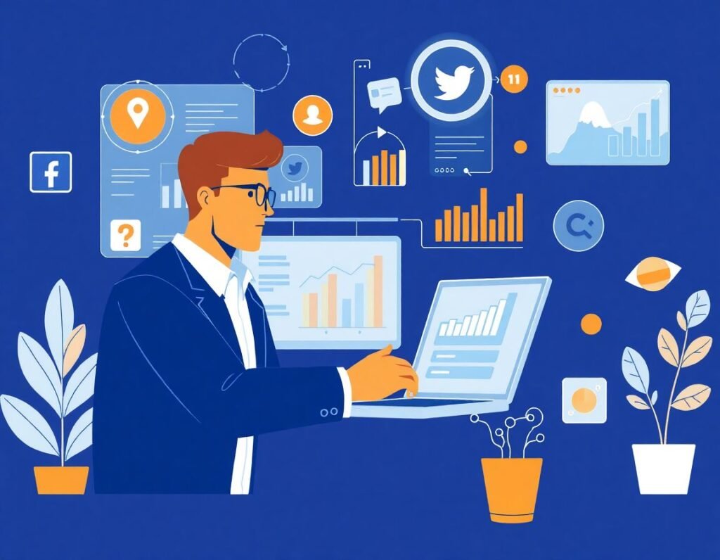 Un propietario de negocio gestiona estrategias de redes sociales en un espacio digital moderno con gráficos, iconos de plataformas y herramientas de marketing