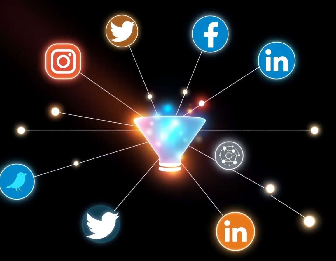 arte digital minimalista con iconos de redes sociales conectados y elementos abstractos que simbolizan la conversión y el análisis en un esquema de colores moderno y luminoso