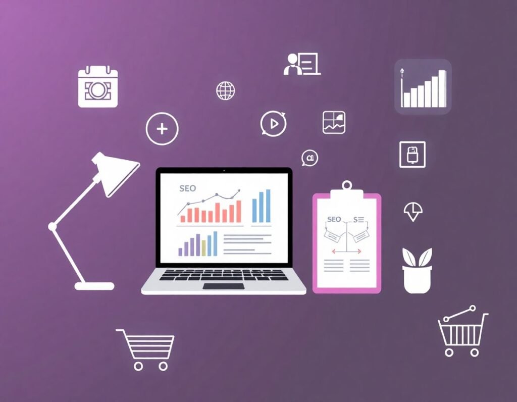 ilustración digital minimalista que muestra un espacio de trabajo profesional con laptop, smartphone y clipboard sobre una campaña de ventas exitosa