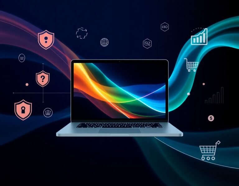 imagen moderna de mantenimiento web y crecimiento digital con un ordenador y símbolos de seguridad y analítica