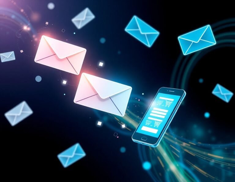 Fusión vibrante de email y SMS marketing con notificaciones brillantes y elementos abstractos de conectividad y ecommerce