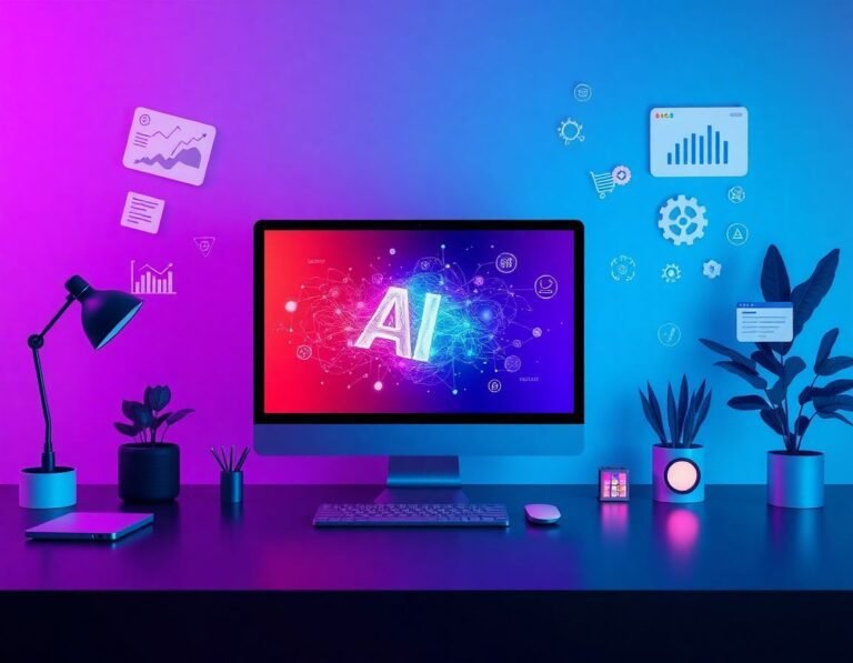 espacio digital moderno con pantalla brillante mostrando gráficos de inteligencia artificial y herramientas creativas rodeado de elementos flotantes de marketing digital y e-commerce